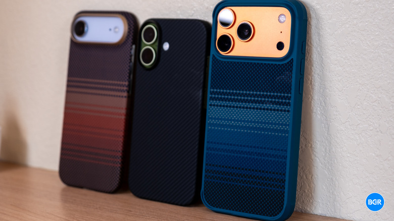 Three phones with Pitaka cases