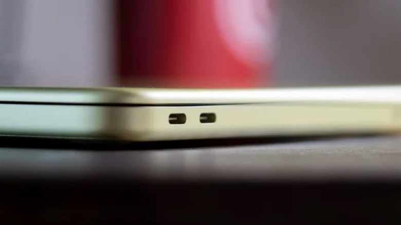 Up close shot of the USB-C ports of the MacBook Neo