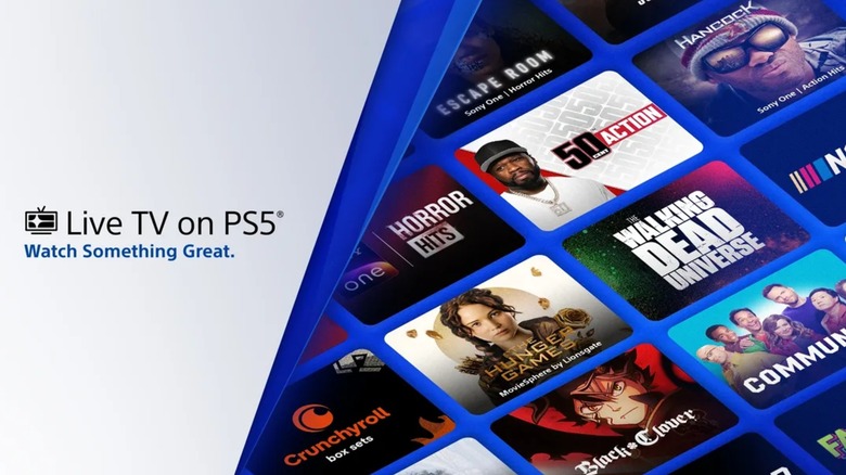 A promotional photo for Sony's new Live TV on PS5 media service, the graphic shows several cover photos for movies and media, including "Walking Dead Universe" and "Community"