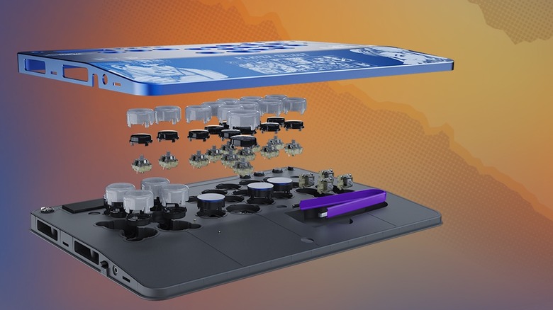 The Turtle Beach Victrix Pro KO Leverless Fight Stick Street Fighter II edition components separated