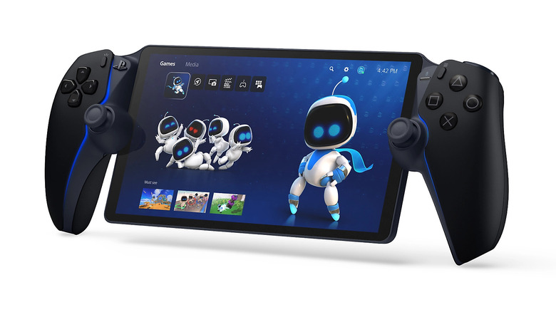 A PlayStation Portal handheld gaming device showing Astro Bot characters on the home screen.