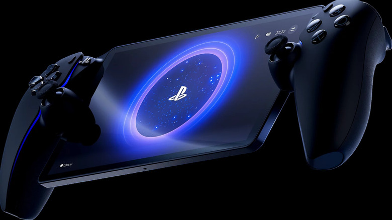 A PlayStation Portal handheld gaming device with a glowing PlayStation logo on the screen against a black background.