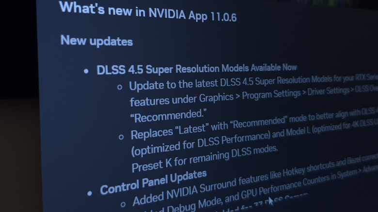 Nvidia app update showcasing DLSS 4.5