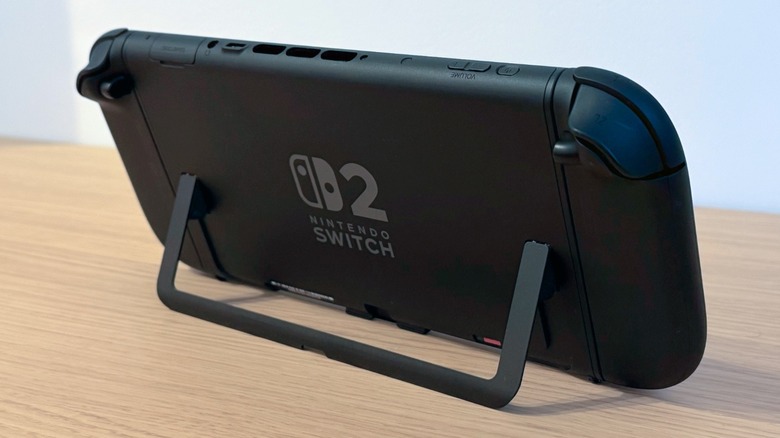 Nintendo Switch 2 on a desk with kickstand out