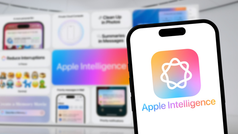 Apple Intelligence logo on an iPhone in the foreground, with the Apple Intelligence core features seen in the background.