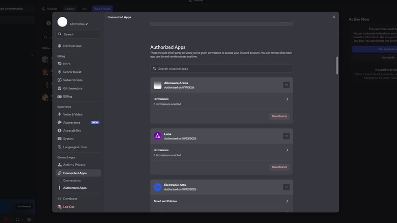 Authorized Apps menu in Discord settings.