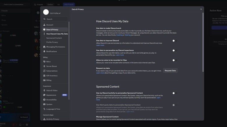 Discord Data information settings in the user account menu.