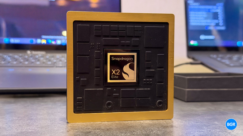 Qualcomm Snapdragon X2 Elite chip standing on a table