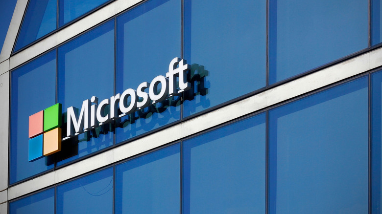 Microsoft logo and text on side of office building