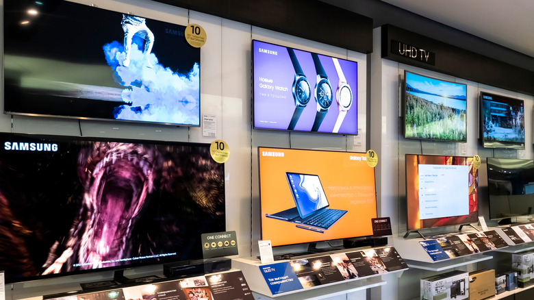 TVs on display in a Samsung store.