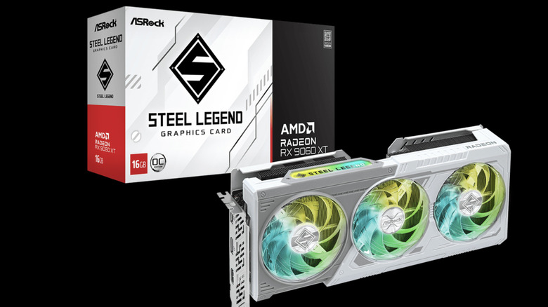 ASRock Steel Legend Radeon RX 9060 GPU with the box behind it