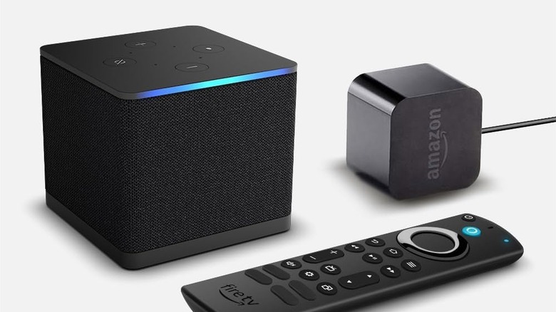 Amazon Fire TV Cube, remote, and power supply