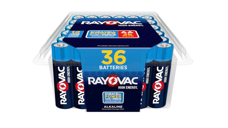 Rayovac batteries lined up inside a plastic packaging