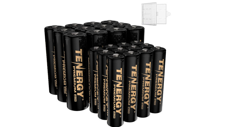 Tenergy AA and AAA batteries lined up, with a clear case in the background