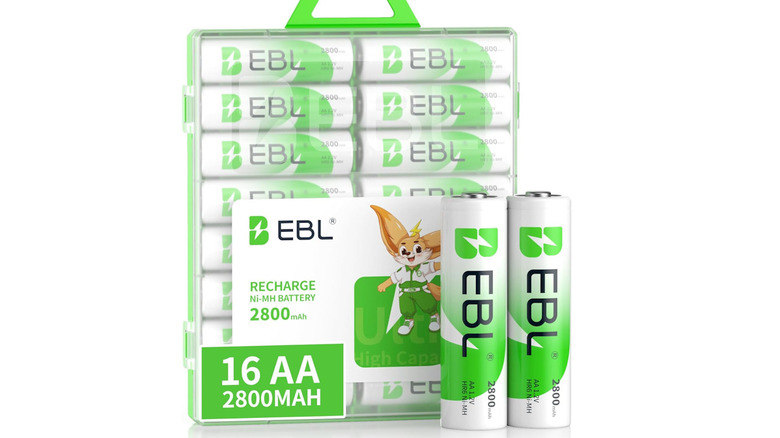 EBL Batteries lined up in their packaging and two sitting out