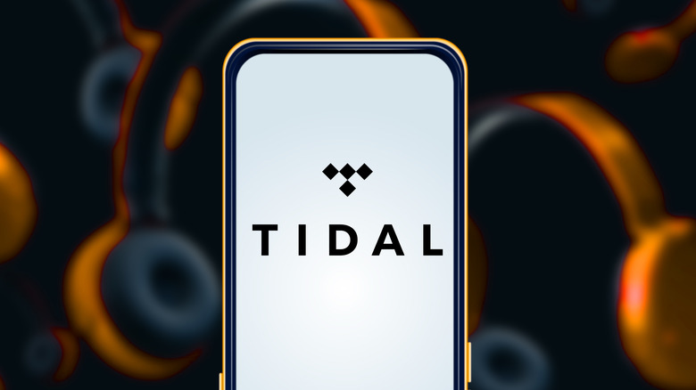 A phone screen displaying a Tidal logo against a dark background with blurred headphones