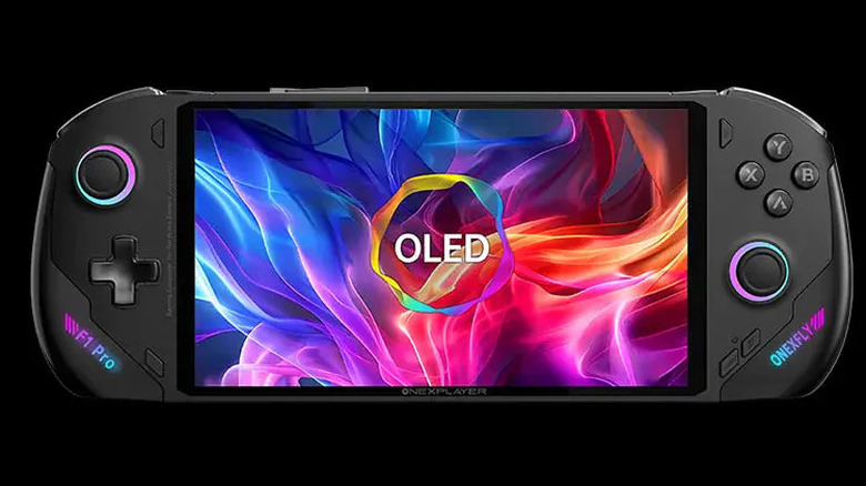 OneXFly screen displaying the OLED logo with LEDs on the thumbstick and sides