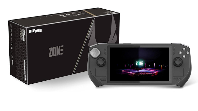 Zotac Zone with the loading screen and box next to it