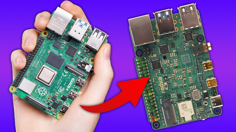 Raspberry Pi being held with arrow pointing to alternative