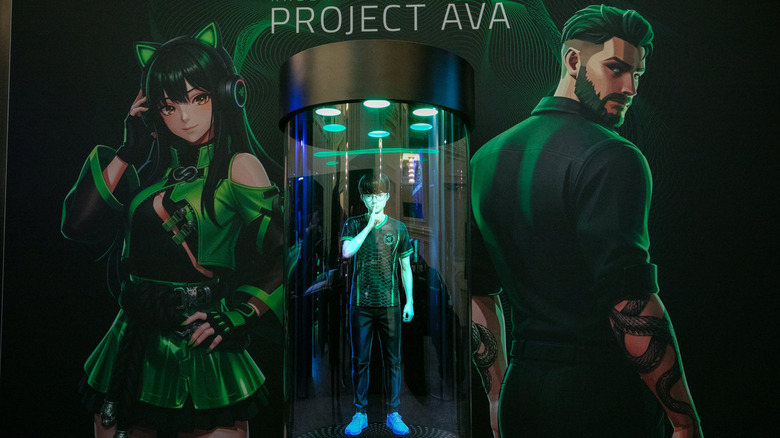 An avatar of gaming icon Faker stands with a hand upon his lips within a larger-than-life Project AVA device.