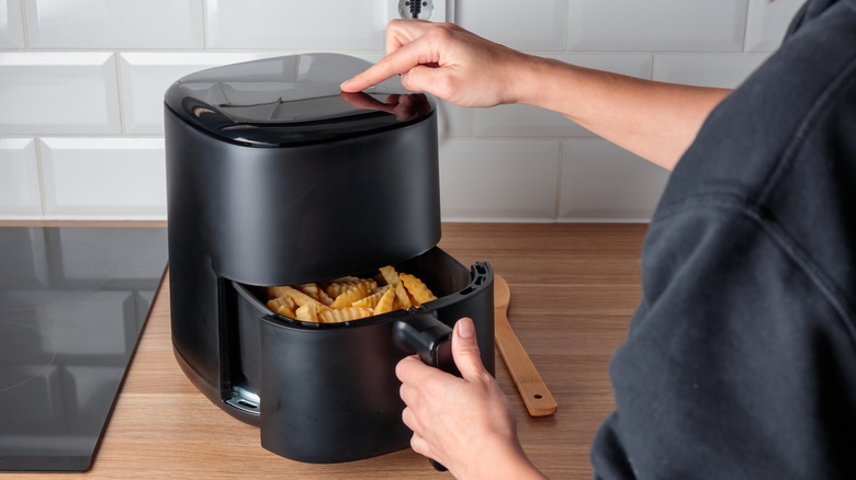 Person using air fryer to cook fries