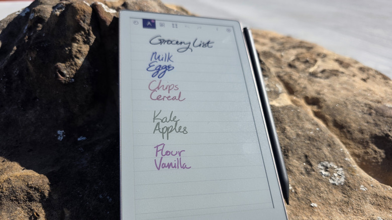 remarkable paper pro move with no case, showing grocery list