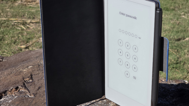 remarkable paper pro move open with folio case, showing passcode screen