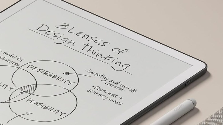 A Kindle Scribe with a stylus, resting on a white surface
