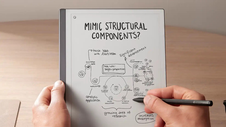 The Remarkable 2 in a person's hands with a process sketch on the screen