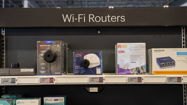 Routers for sale in an electronics store.