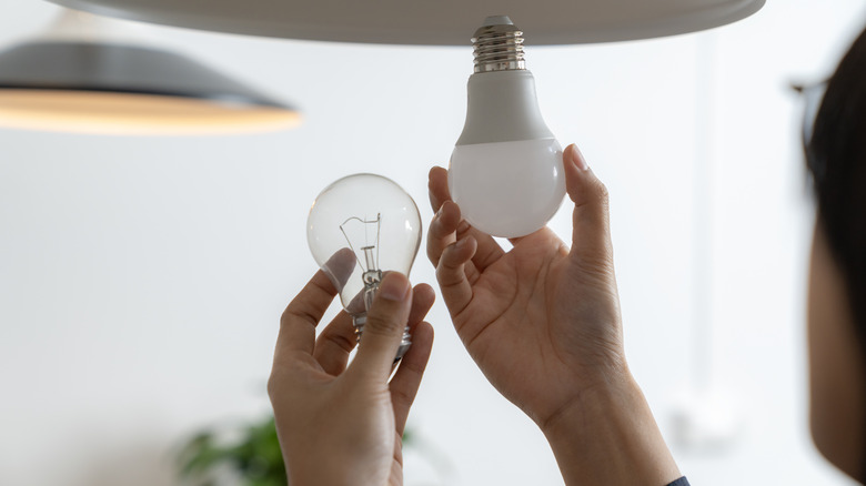 Close up of hands holding an incandescent bulb and an LED one