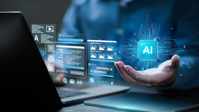 Conceptual generative AI graphic hovering over a person's hand as they sit by a computer