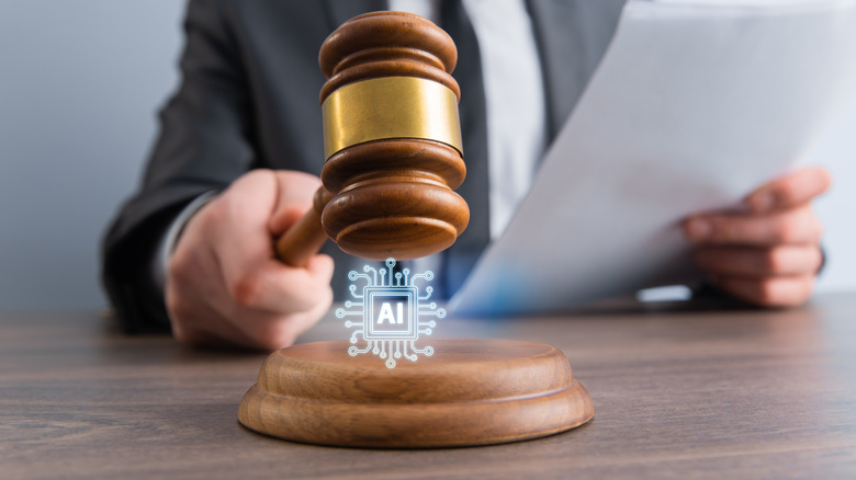 A person holding a gavel above an illustration of AI