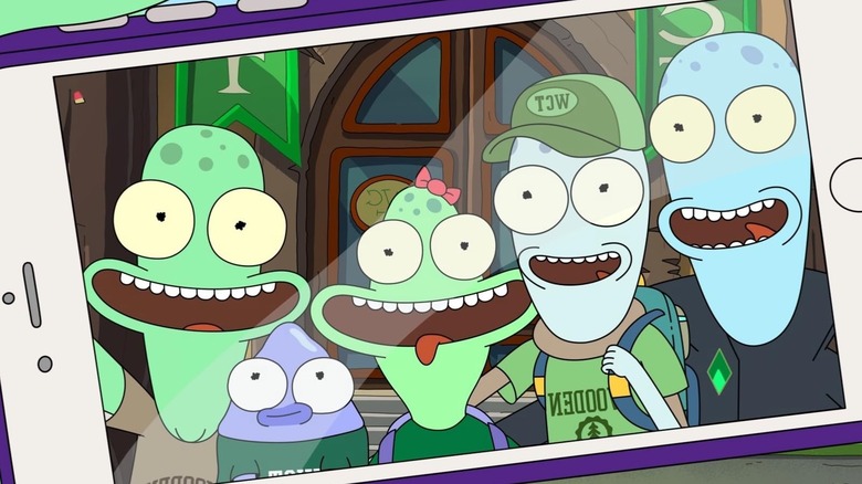 The Schlorpian family in Solar Opposites taking a selfie