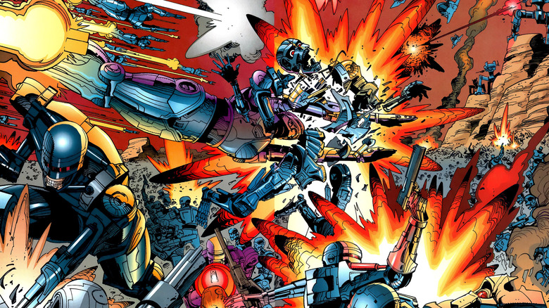 Screenshot of double page spread showing Robocops fighting Terminators