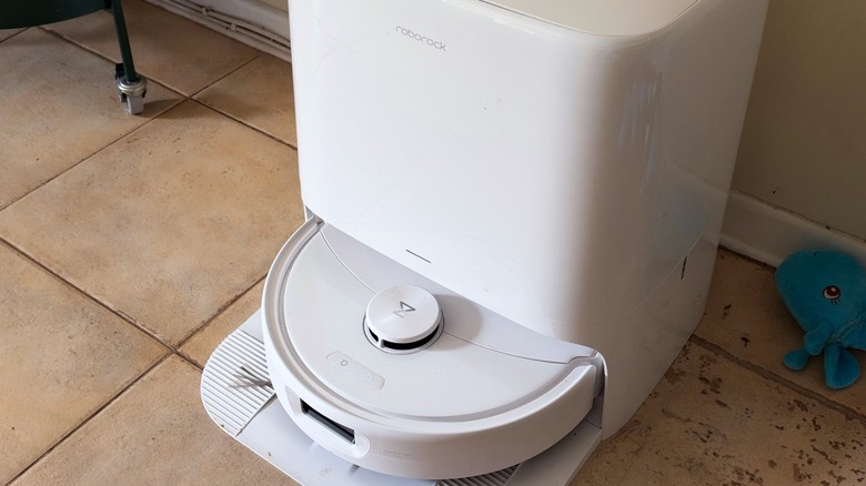 Close-up shot of Roborock's robot vacuum on its cleaning dock