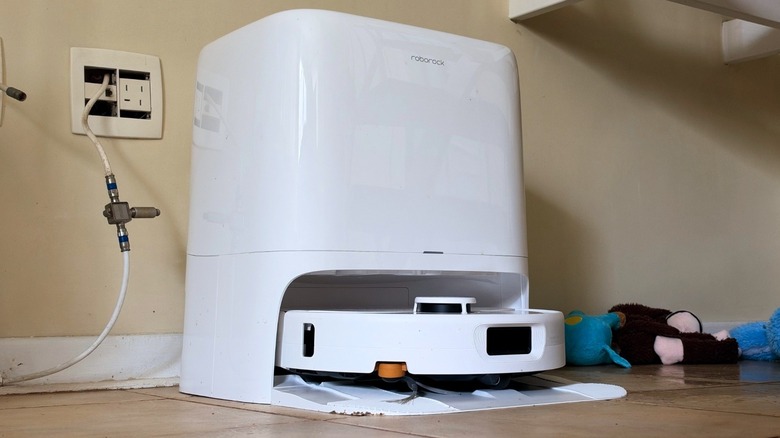 Roborock's robot vacuum on its cleaning dock