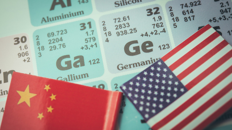 Ge (Germanium) Ga (Gallium) in the periodic table with Chinese and American flag. US vs China chip war or tech war, semiconductor industry concept. China curbs on exports of rare germanium and gallium