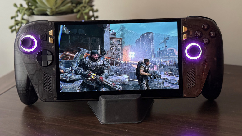 Gears of War E-Day running on the ROG Xbox Ally X20 on a stand
