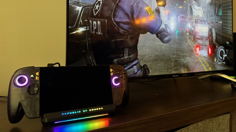 The ROG Xbox Ally X20 connected to a TV via dock