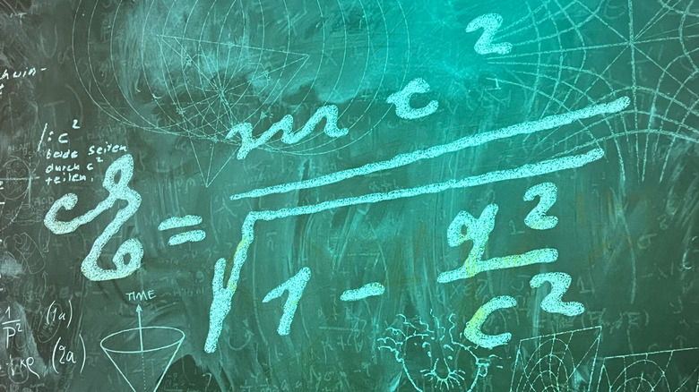 Theory of relativity written out on a chalk board with drawings around it
