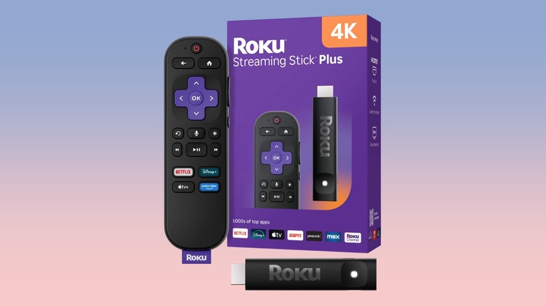 Roku Streaming Stick Plus and its remote next to product packaging