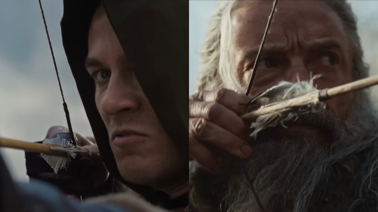 Jack Patten in MGM+'s Robin Hood and Hugh Jackman as Robin Hood in The Death of Robin Hood both aiming their bows