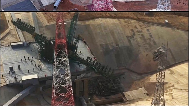 Russian manned crew launch pad collapsed top down view