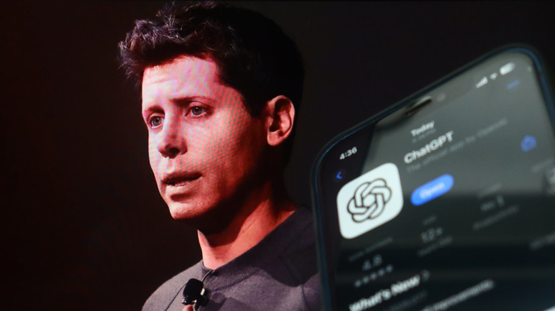 ChatGPT app on an iPhone in the foreground and OpenAI CEO Sam Altman in the background.