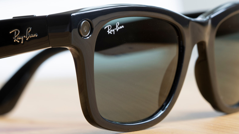 Close-up of the first-gen Ray-Ban Meta smart glasses.