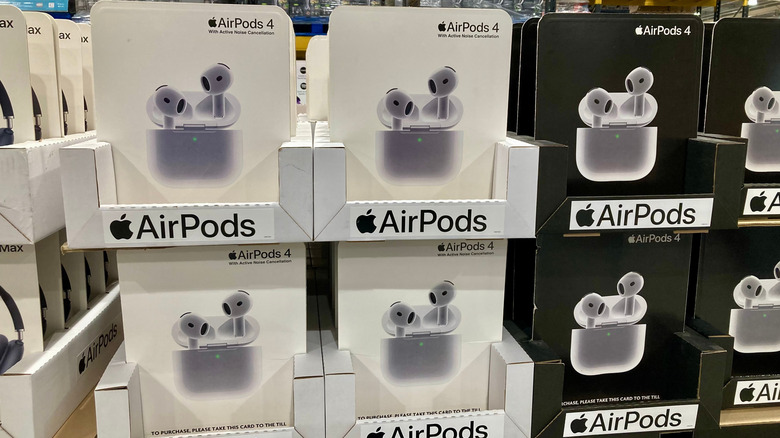 A close up of Apple AirPods 4 at a wholesale store.