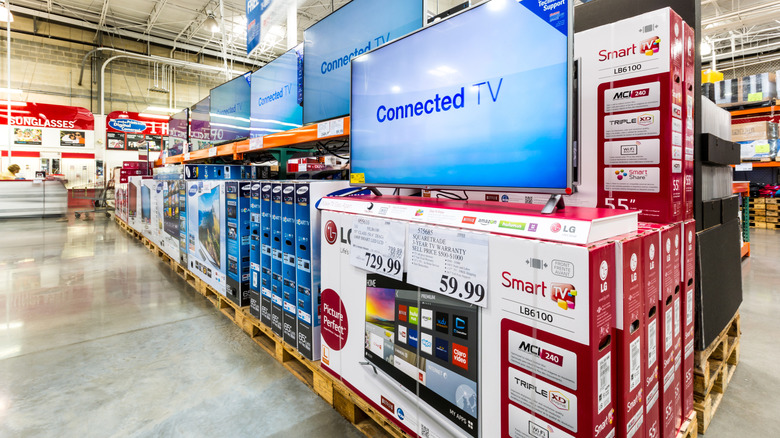 A close up of a smart TV in the television aisle of a Costco.