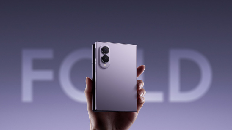 Samsung Galazy Z Fold 8 phone on a blurred background with the word Fold on it