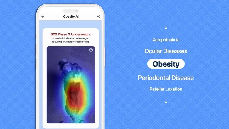 The Lifet pet health check photo app in use, showing an underweight dog under its measurements for obesity.